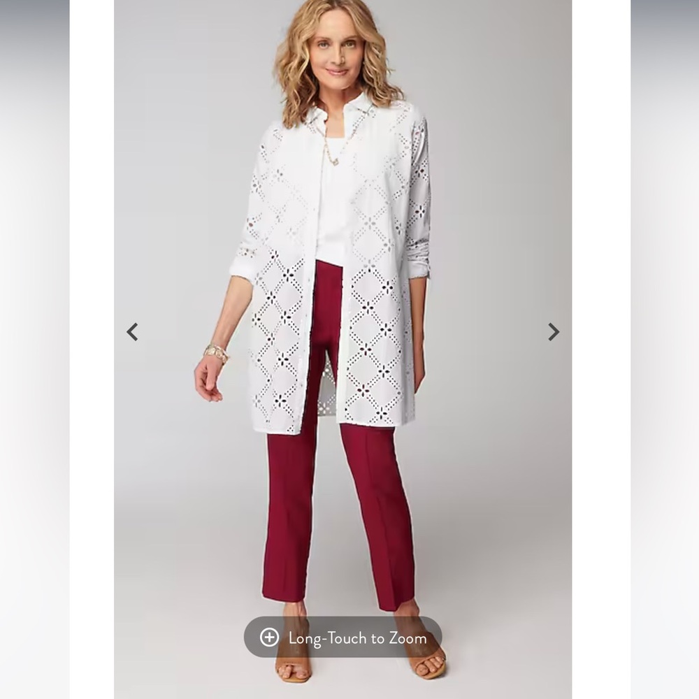 J. Jill Long Eyelet Tunic Collared Button‎ Down White Cotton Side Slits Size L